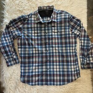 Wrangler All Terrain Gear Two Pocket Utility Shirt Blue Grey Red Plaid Print